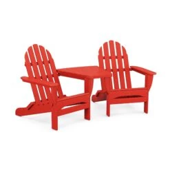 POLYWOOD Classic Folding Adirondack Chairs & Connecting Table Set -VERMONT WOODS Classic Folding Adirondacks with Connecting Table PWS562 1 SR Sunset Red