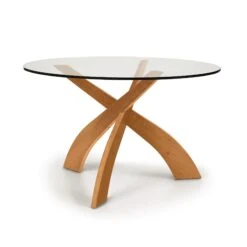 Entwine 48" Round Glass Top Dining Table with Sculptural Cherry Wood Base