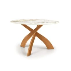 Entwine Round Sintered Stone Dining Table with Sculptural Wood Base -VERMONT WOODS Entwine Round Sintered Stone Top Table 48 Inch Natural Cherry Macchia Vecchia