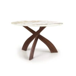 Entwine Round Sintered Stone Dining Table with Sculptural Wood Base -VERMONT WOODS Entwine Round Sintered Stone Top Table 48 Inch Natural Walnut Macchia Vecchia