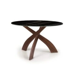 Entwine Round Sintered Stone Dining Table with Sculptural Wood Base -VERMONT WOODS Entwine Round Sintered Stone Top Table 48 Inch Natural Walnut Sahara Noir