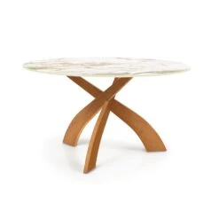 Entwine Round Sintered Stone Dining Table with Sculptural Wood Base -VERMONT WOODS Entwine Round Sintered Stone Top Table 54 Inch Natural Cherry Macchia Vecchia