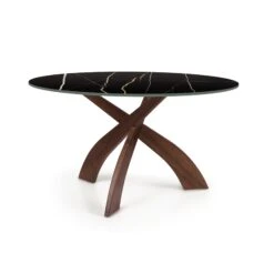 Entwine Round Sintered Stone Dining Table with Sculptural Wood Base -VERMONT WOODS Entwine Round Sintered Stone Top Table 54 Inch Natural Walnut Sahara Noir
