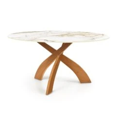 Entwine Round Sintered Stone Dining Table with Sculptural Wood Base -VERMONT WOODS Entwine Round Sintered Stone Top Table 60 Inch Natural Cherry Macchia Vecchia