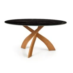 Entwine Round Sintered Stone Dining Table with Sculptural Wood Base -VERMONT WOODS Entwine Round Sintered Stone Top Table 60 Inch Natural Cherry Sahara Noir