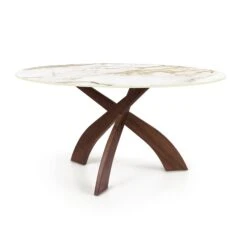 Entwine Round Sintered Stone Dining Table with Sculptural Wood Base -VERMONT WOODS Entwine Round Sintered Stone Top Table 60 Inch Natural Walnut Macchia Vecchia