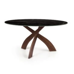 Entwine Round Sintered Stone Dining Table with Sculptural Wood Base -VERMONT WOODS Entwine Round Sintered Stone Top Table 60 Inch Natural Walnut Sahara Noir