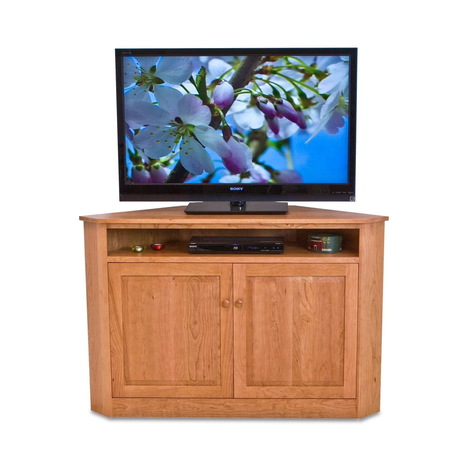 Space-Saving Solid Wood Corner Entertainment Console 3 Space-Saving Solid Wood Corner Entertainment Console