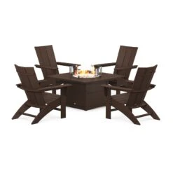 POLYWOOD Modern Curveback Adirondack 5-Piece Conversation Set With Fire Pit Table -VERMONT WOODS Modern Curveback Adirondack 5 Piece Conversation Set with Fire Pit PWS412 1 MA Mahogany