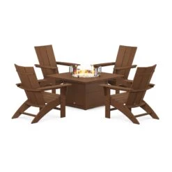 POLYWOOD Modern Curveback Adirondack 5-Piece Conversation Set With Fire Pit Table -VERMONT WOODS Modern Curveback Adirondack 5 Piece Conversation Set with Fire Pit PWS412 1 TE Teak