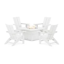 POLYWOOD Modern Curveback Adirondack 5-Piece Conversation Set With Fire Pit Table -VERMONT WOODS Modern Curveback Adirondack 5 Piece Conversation Set with Fire Pit PWS412 1 WH White