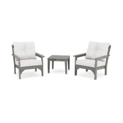 POLYWOOD Vineyard 3-Piece Deep Seating Set -VERMONT WOODS PWS402 2 GY152939 Slate Grey Natural Linen