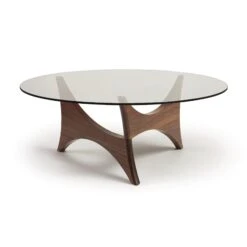 Pivot Round Glass Coffee Table with Sculptural Walnut Base