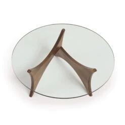 Pivot Round Glass Coffee Table with Sculptural Walnut Base -VERMONT WOODS Pivot Walnut Round Glass Top Coffee Table 3