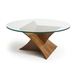 Modern Round Glass Coffee Table with Sculptural Solid Walnut Base
